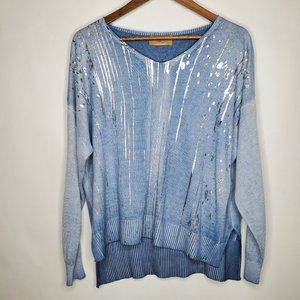 Free For Humanity Womens Blue Silver Metallic Sweater V Neck Ribbed Pullover